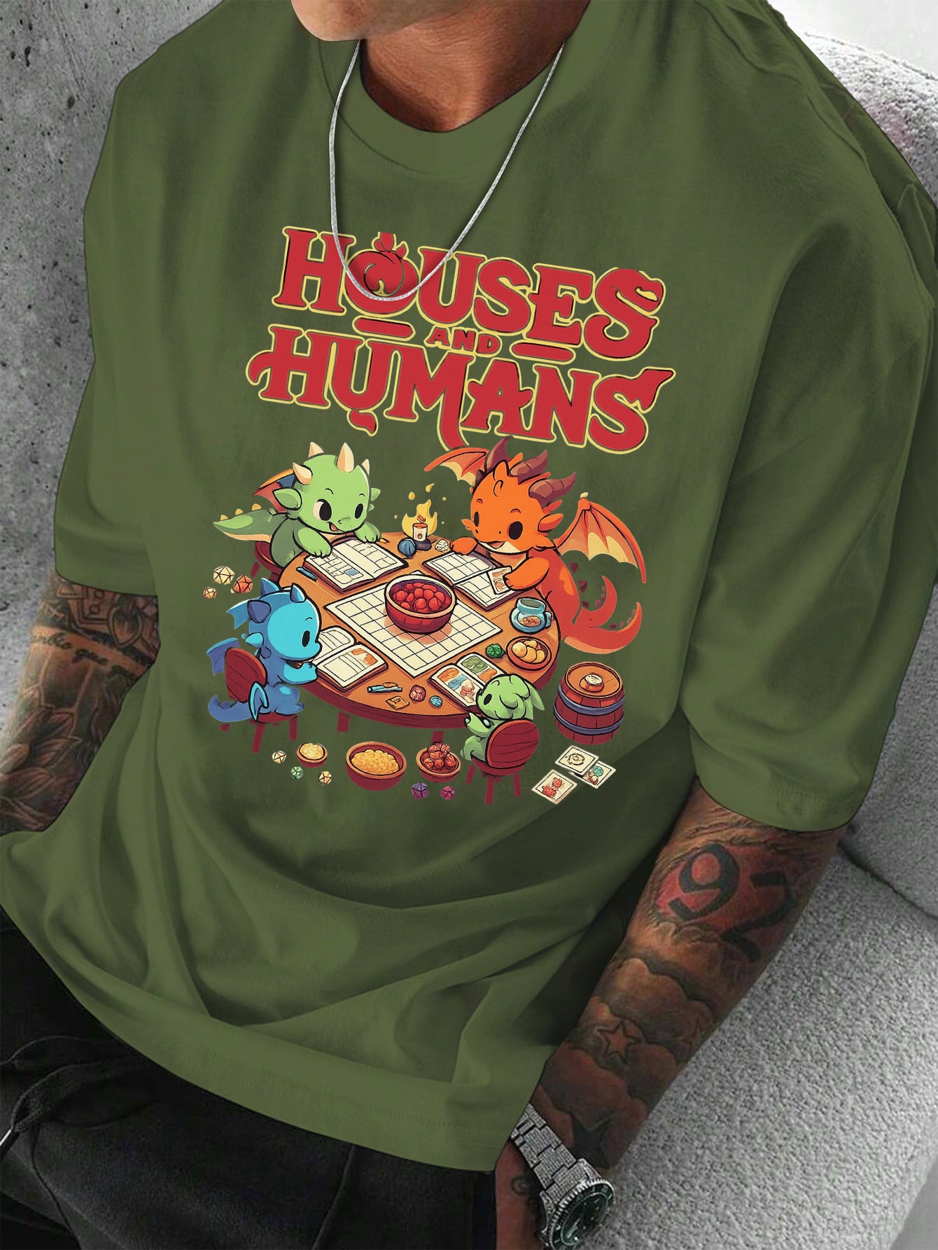 Men'S Casual Short Sleeve T-Shirt with Whimsical Dragon & Cabin Print - \