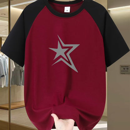 Men'S Casual Crew Neck T-Shirt with Star Graphic, Short Sleeve, Regular Fit, Slight Stretch Fabric, Summer Fashion Tee