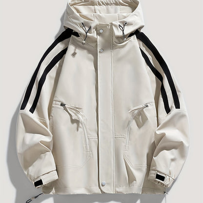 Men'S Casual Hooded Windbreaker Jacket - Loose Fit Striped Design with Black & White Stripes