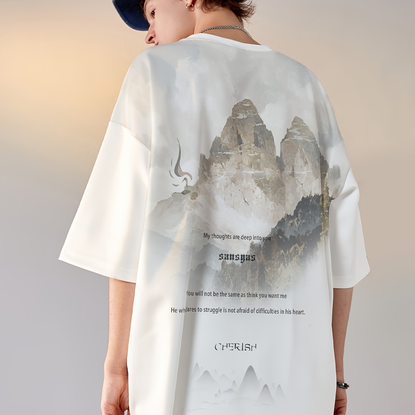 Men's Casual Loose-Fit Short Sleeve T-Shirt - White Mountain & Crane Print, Lightweight Polyester Blend