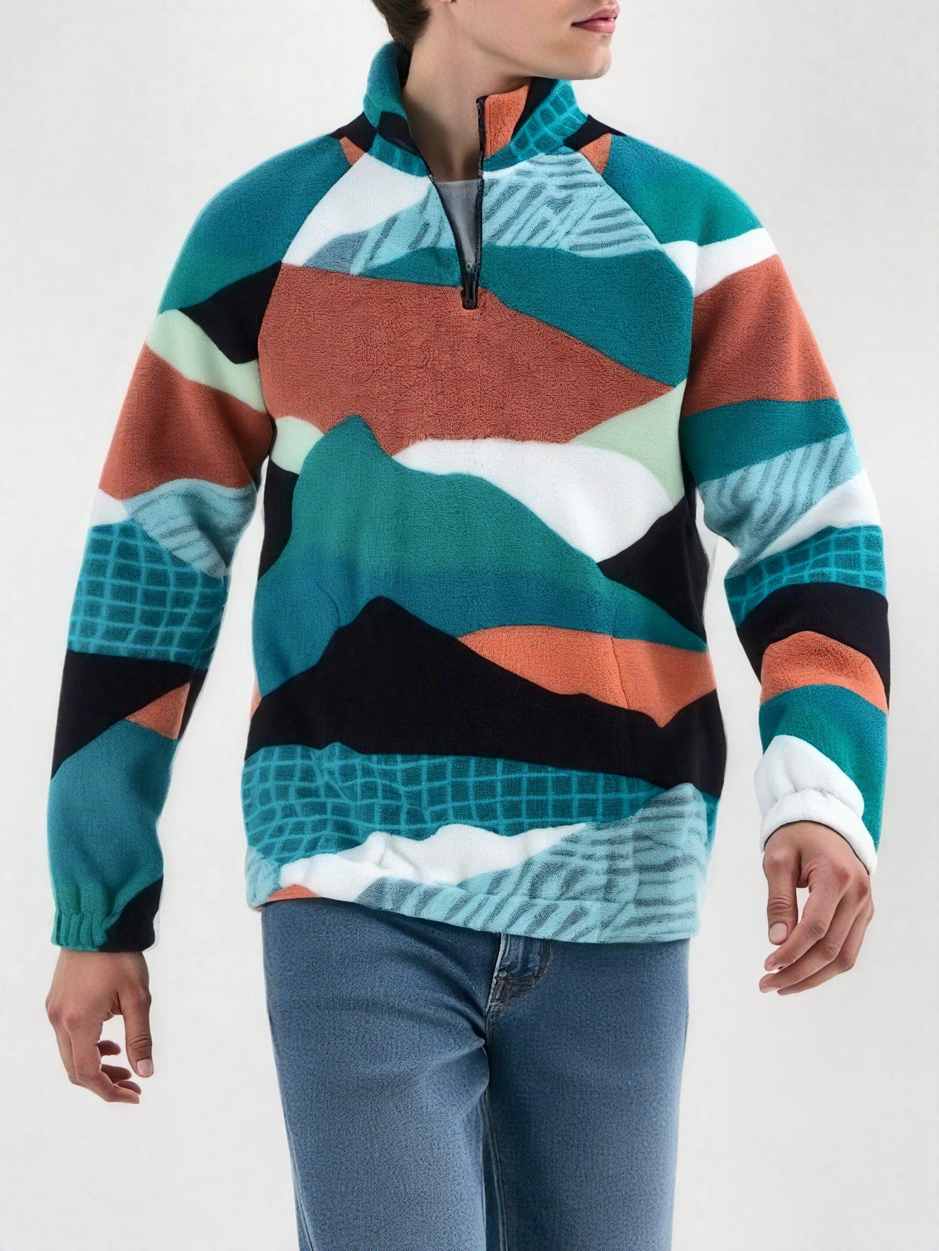 Men's Turquoise BlueHand Washable Winter Clothing with Stand Collar & Contrast Color Block Design