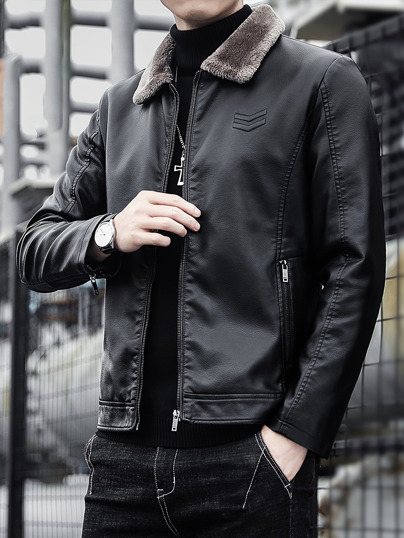 Warm Windproof PU Jacket Warm Windproof Men's Casual PU Jacket with Fleece Lining