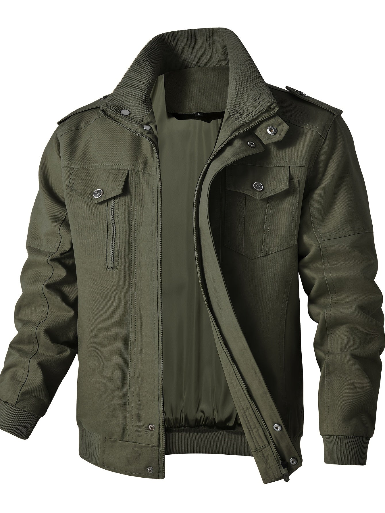 Men'S Windproof Cargo Jacket with Zipper Pockets - Olive Green, Casual Style
