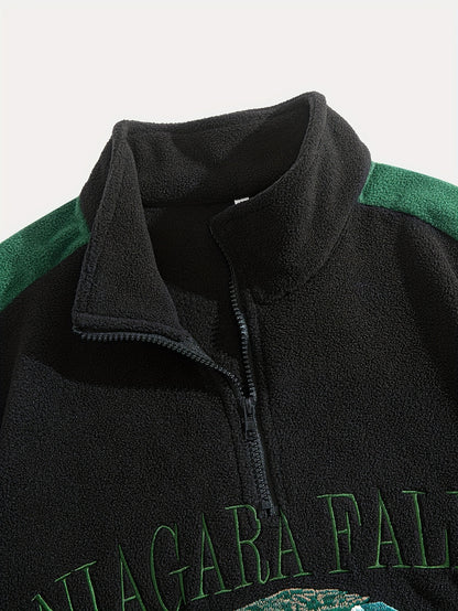 Cozy Sweatshirt Cozy Thickened Men's Niagara Falls Embroidered Fleece Zip-Up Sweatshirt