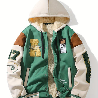 Men'S Casual Hooded Baseball Jacket with Embroidered Lettering, Color Block Design, Snap Closure