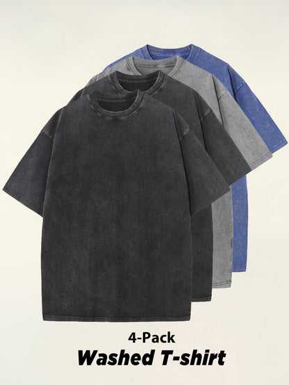 4pcs 100% Cotton Acid-Washed 230g T-Shirts - Retro Vintage Style