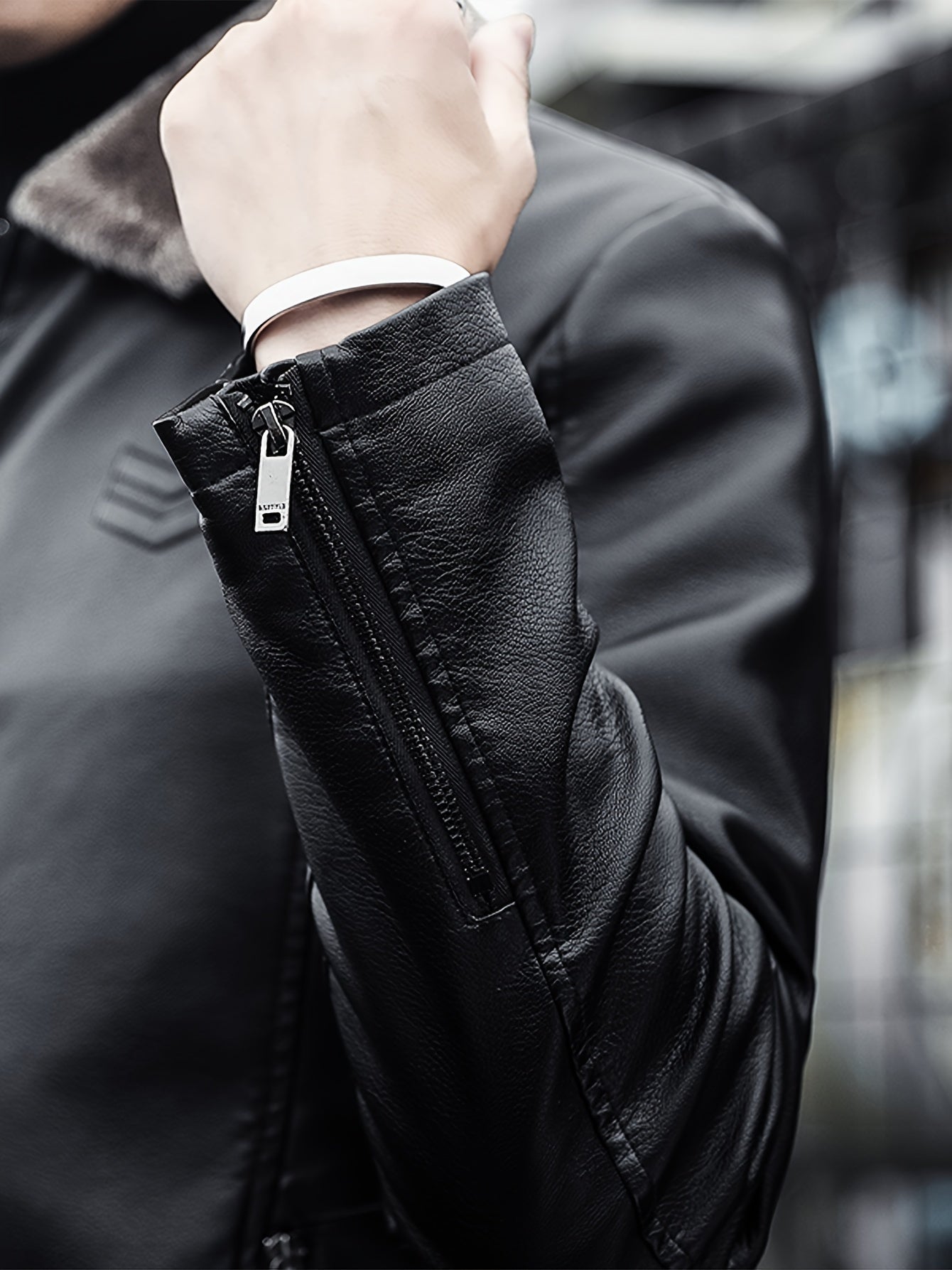 Warm Windproof PU Jacket Warm Windproof Men's Casual PU Jacket with Fleece Lining