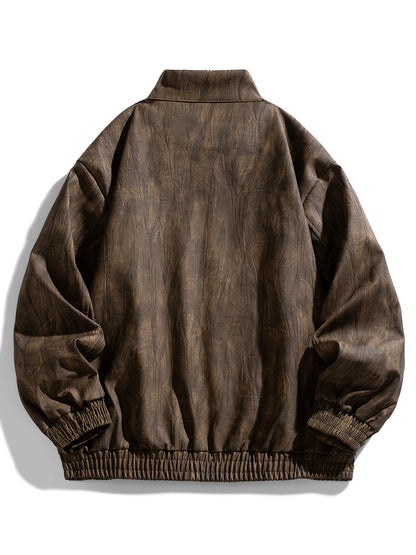 Men'S Vintage-Inspired Faux Leather Jacket - Loose Fit, Long Sleeve, Zip-Up with Chest Pockets