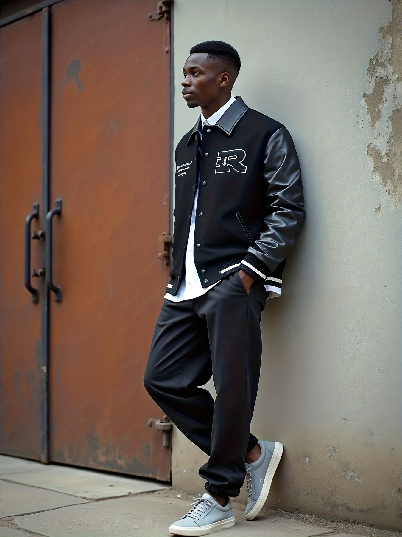 2025 Autumn Winter Men'S Black Baseball Jacket - High Street Embroidery, R Letter Patch