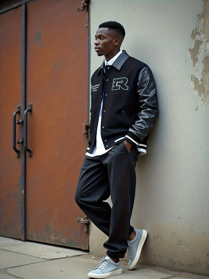 2025 Autumn Winter Men'S Black Baseball Jacket - High Street Embroidery, R Letter Patch