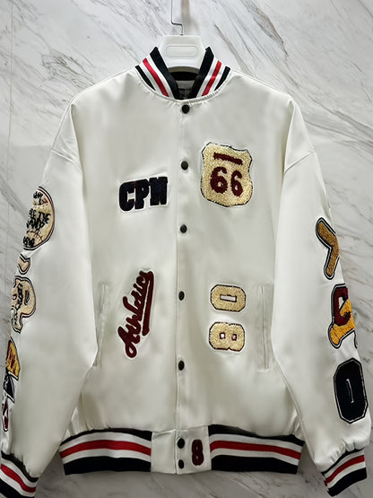 Men'S Embroidered Baseball Jacket, Casual Faux Leather with Polyester Lining, Stand Collar