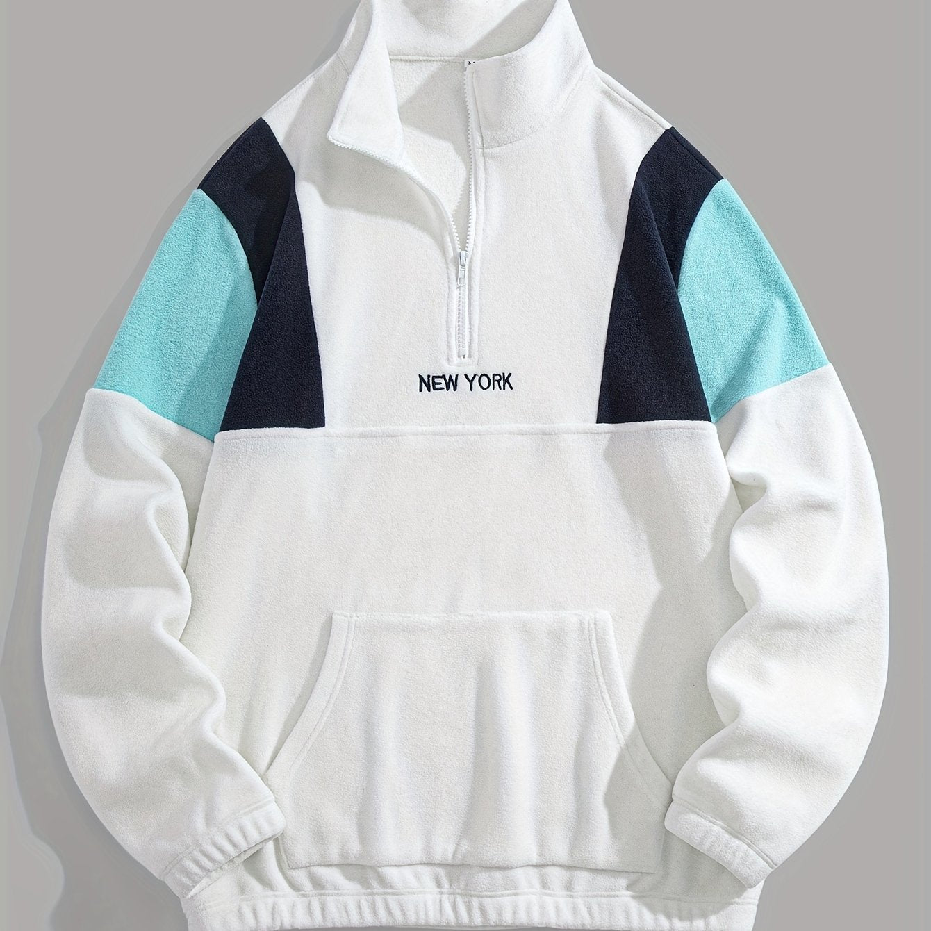 Preppy Style Embroidered Fleece Sweatshirt - Color Block Knit Fabric, Long Sleeve, Collared Neck