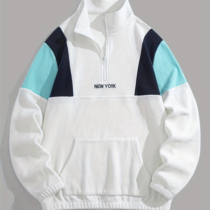 Preppy Style Embroidered Fleece Sweatshirt - Color Block Knit Fabric, Long Sleeve, Collared Neck