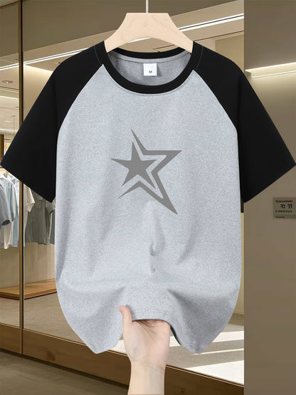 Men'S Casual Crew Neck T-Shirt with Star Graphic, Short Sleeve, Regular Fit, Slight Stretch Fabric, Summer Fashion Tee