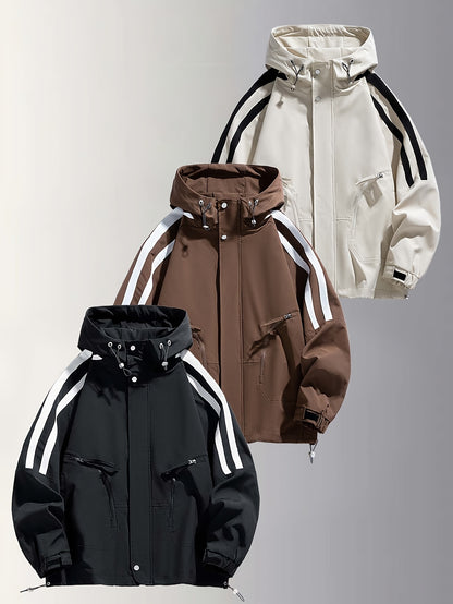 Men's Heavy-Duty Windproof Jacket - Full-Zip Hooded Windbreaker with White Stripe Collar & Cuffs
