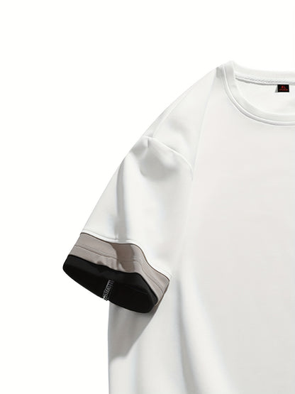 Men's Summer Short Sleeve T-Shirt - Color-Block Half-Zip Design, 100% Polyester Lightweight 100gsm