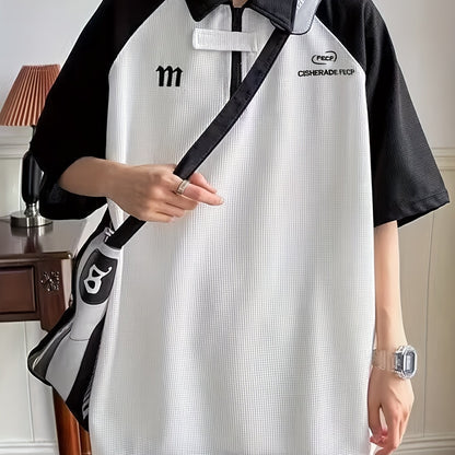 Men'S Casual Color Block T-Shirt - Summer Short Sleeve, Half-Zip, Lapel Collar, Heavyweight Polyester Top