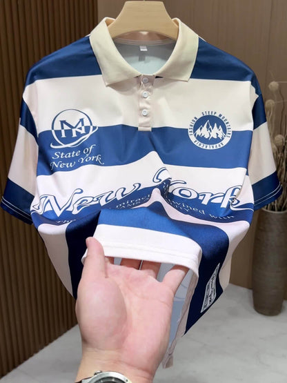The 2025 New Blue And White Striped Short-Sleeve Polo Shirt Features a Stylish Collar Design