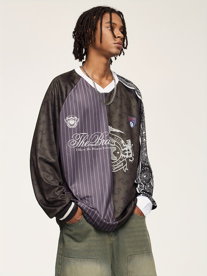 Men'S Vintage Baseball Graphic T-Shirt - Loose Fit Long Sleeve Tee with V-Neck