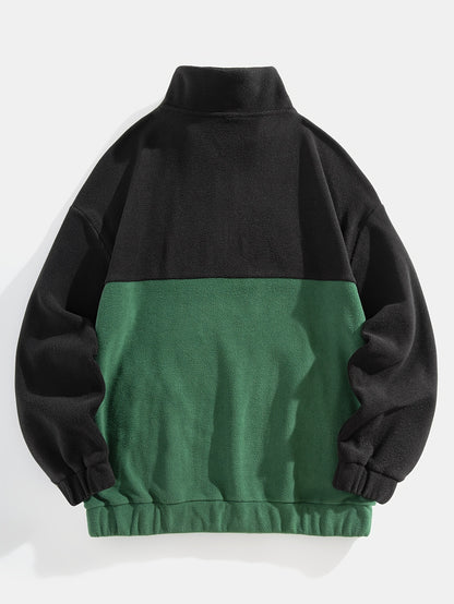 Men'S Color Block Fleece Zip-Up Hoodie with Embroidered Logo - High Neck, Long Sleeve