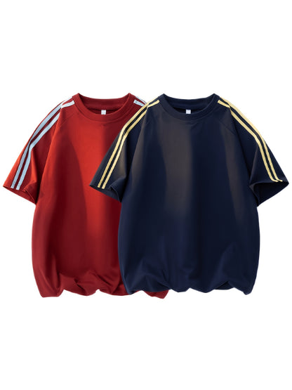 2pcs Men'S & Women'S Short Sleeve T-Shirts with Side Stripes - Comfortable Lightweight Polyester