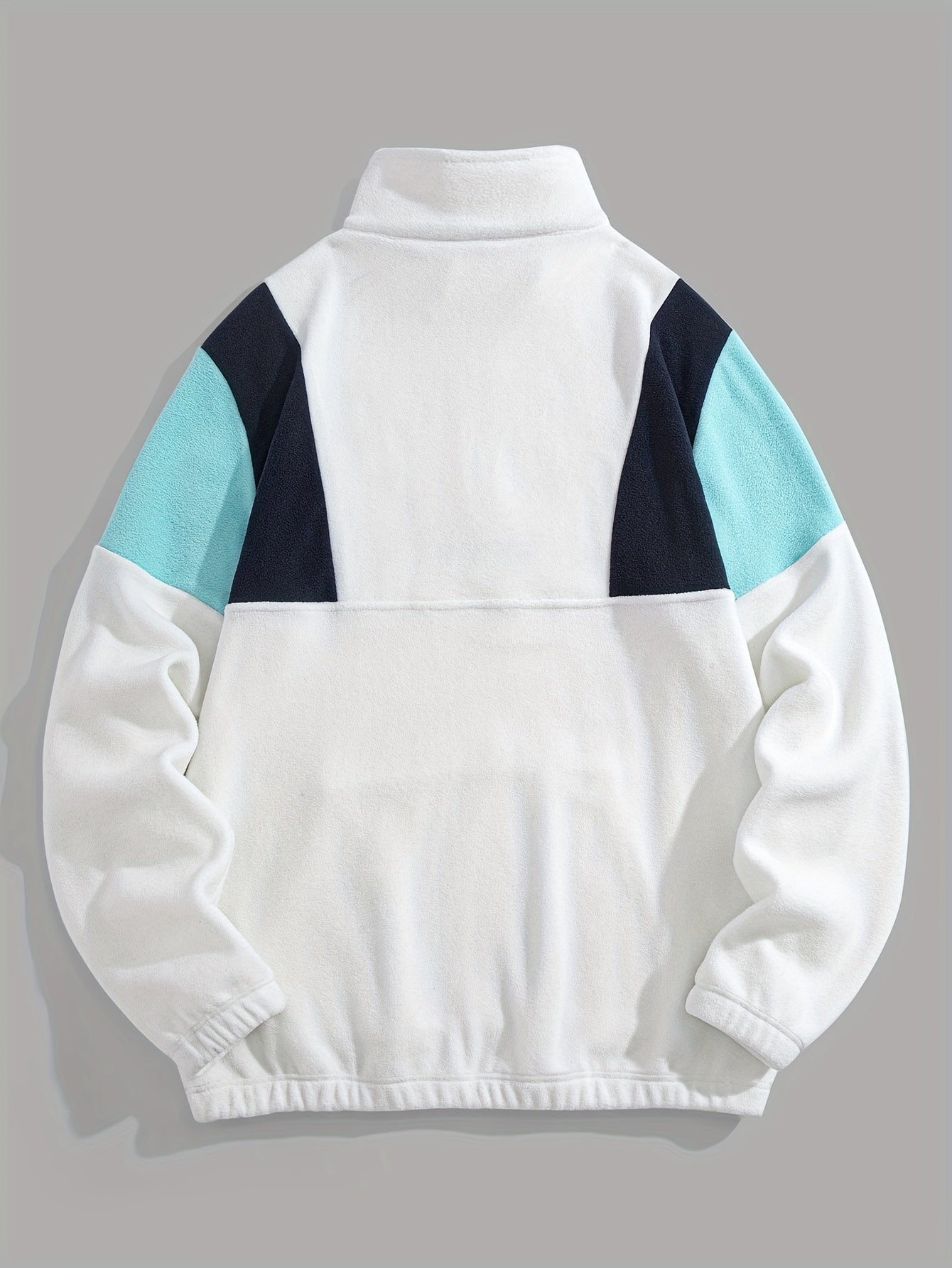 Preppy Style Embroidered Fleece Sweatshirt - Color Block Knit Fabric, Long Sleeve, Collared Neck