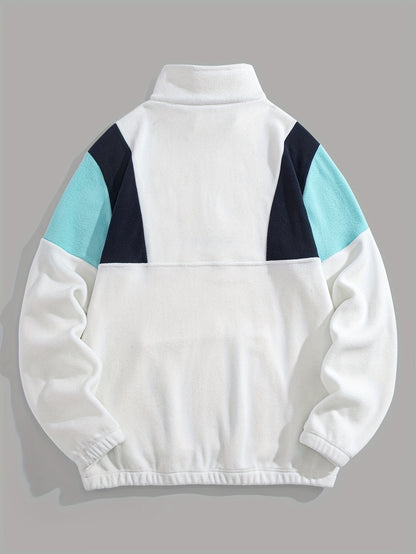 Preppy Style Embroidered Fleece Sweatshirt - Color Block Knit Fabric, Long Sleeve, Collared Neck