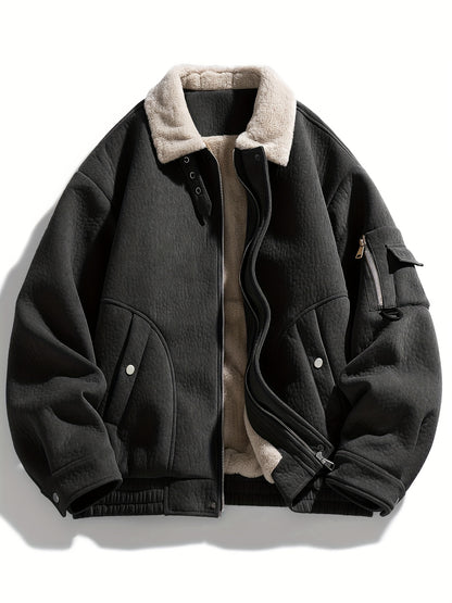 Men's Fleece Jacket with Full-Zip Closure & Fur Collar - Winter Warm Brown Coat