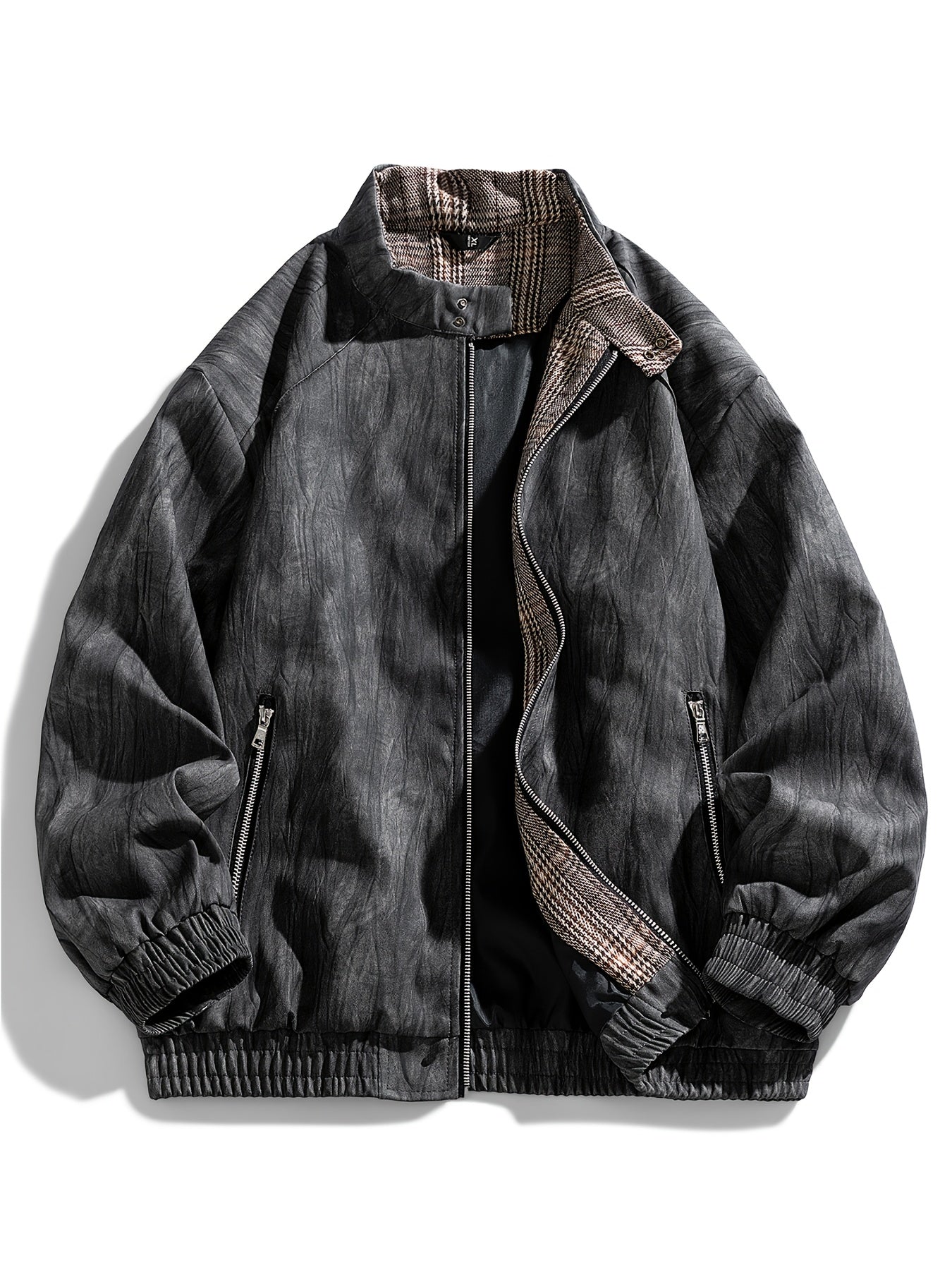 Men'S Vintage-Inspired Faux Leather Jacket - Loose Fit, Long Sleeve, Zip-Up with Chest Pockets