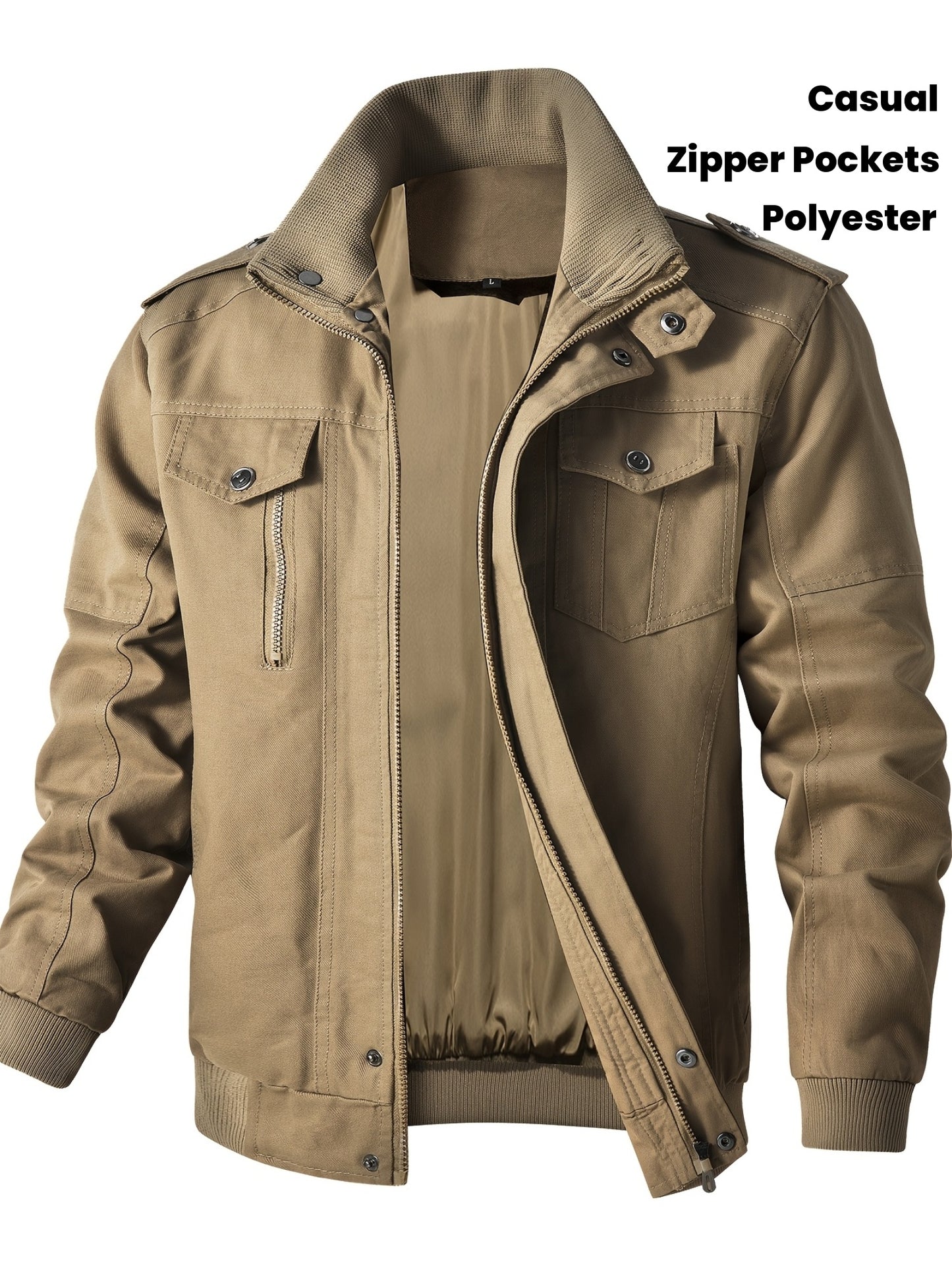 Men'S Windproof Cargo Jacket with Zipper Pockets - Olive Green, Casual Style