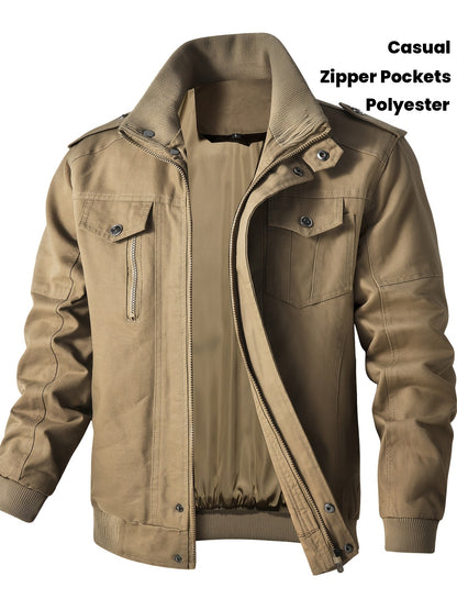 Men'S Windproof Cargo Jacket with Zipper Pockets - Olive Green, Casual Style