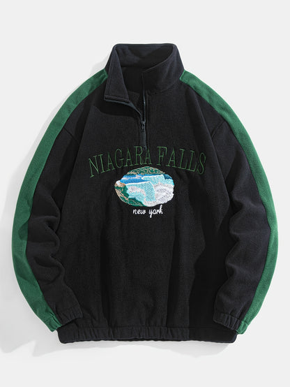 Cozy Sweatshirt Cozy Thickened Men's Niagara Falls Embroidered Fleece Zip-Up Sweatshirt