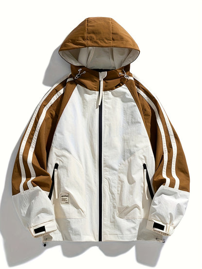 Polyester Hooded Jacket Polyester Men's Casual Hooded Jacket | Color-Block Design, Loose Fit