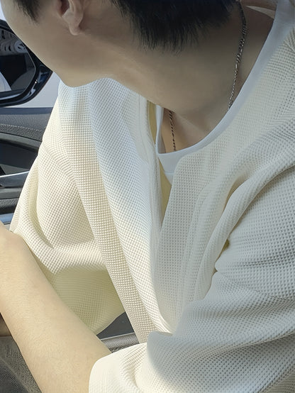 Casual T-Shirt OBM Men's Casual V-Neck Short Sleeve T-Shirt | Loose Fit Waffle Fabric, Solid Color with Contrast Trim