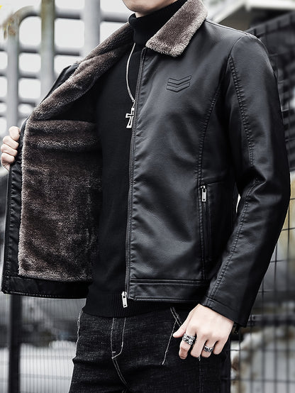 Warm Windproof PU Jacket Warm Windproof Men's Casual PU Jacket with Fleece Lining