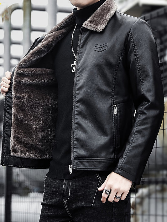 Warm Windproof PU Jacket Warm Windproof Men's Casual PU Jacket with Fleece Lining
