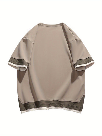 Men's Summer Short Sleeve T-Shirt - Color-Block Half-Zip Design, 100% Polyester Lightweight 100gsm