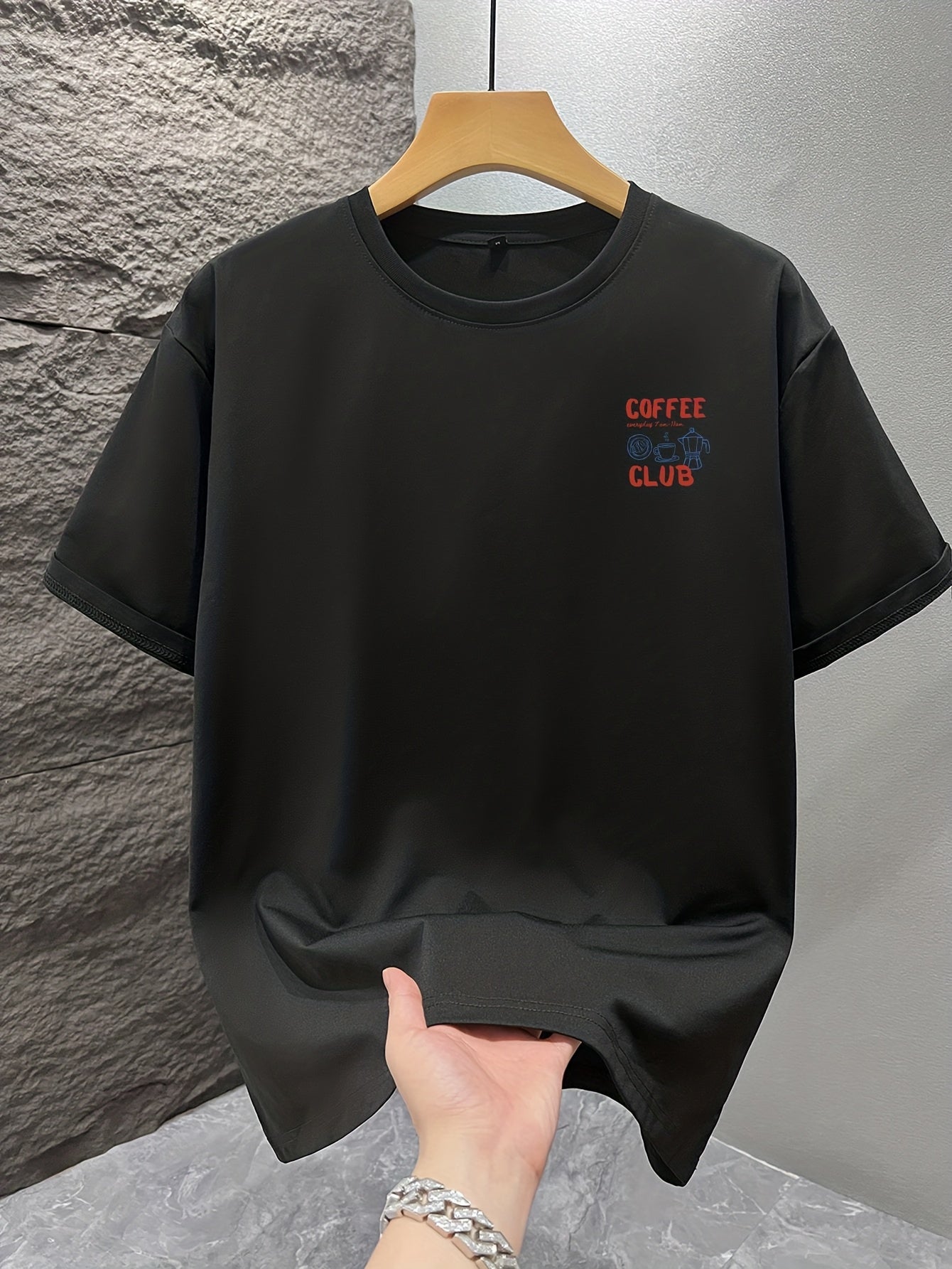 Men's short-sleeve T-shirt, 100% polyester fabric, loose fit, printed with English text and teapot design