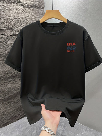 Men's short-sleeve T-shirt, 100% polyester fabric, loose fit, printed with English text and teapot design