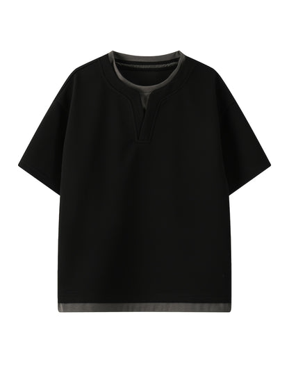Casual T-Shirt OBM Men's Casual V-Neck Short Sleeve T-Shirt | Loose Fit Waffle Fabric, Solid Color with Contrast Trim