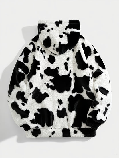 1pc Men'S Plush Hooded Sweatshirt - Soft Warm Winter Pullover with Brown & Cow Print