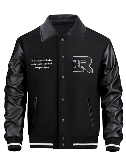 2025 Autumn Winter Men'S Black Baseball Jacket - High Street Embroidery, R Letter Patch