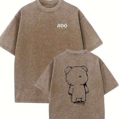 1pc, 230G Double-Sided Washed, Sticker Teddy Bear Printed T-Shirt