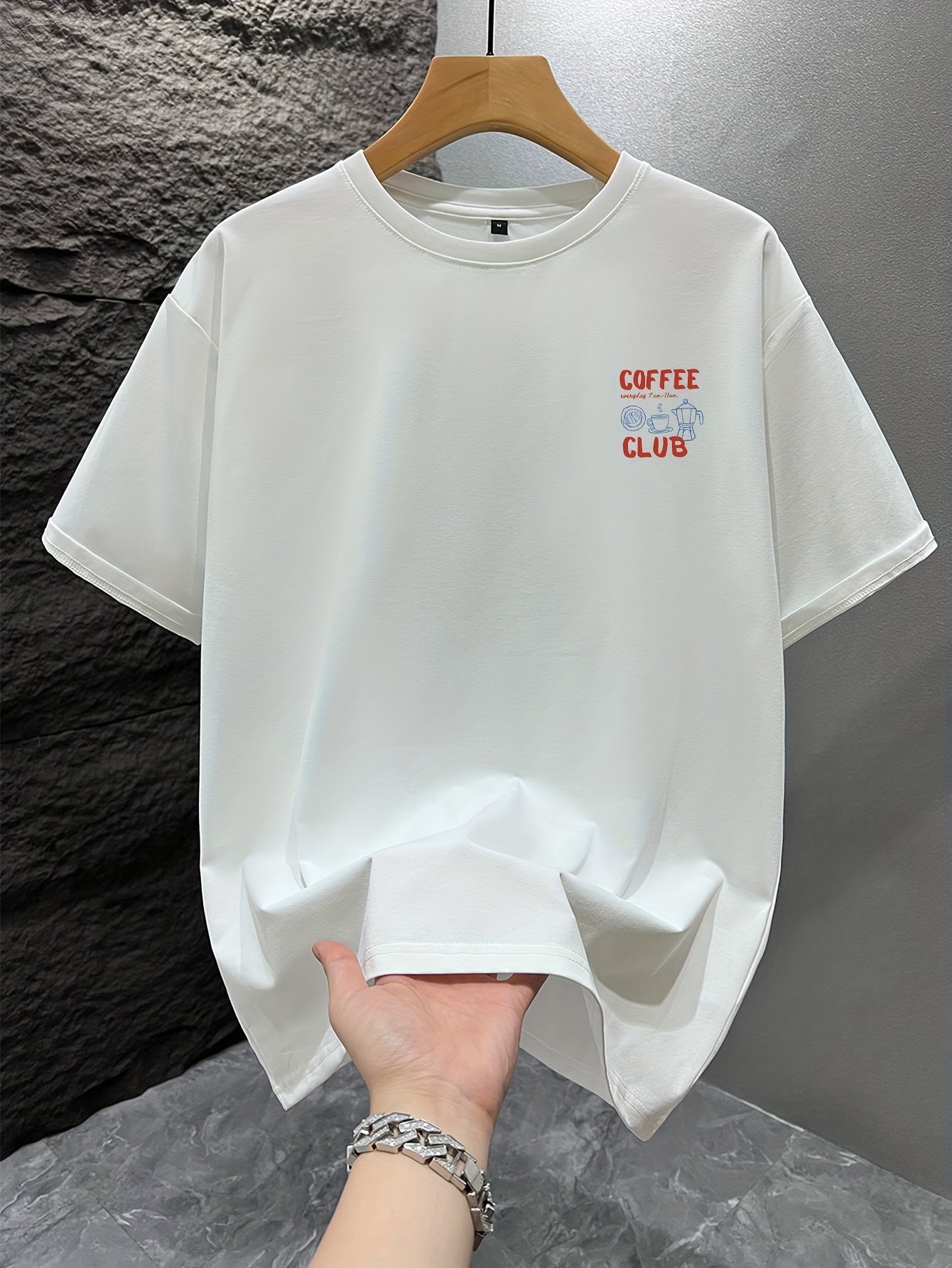 Men's short-sleeve T-shirt, 100% polyester fabric, loose fit, printed with English text and teapot design