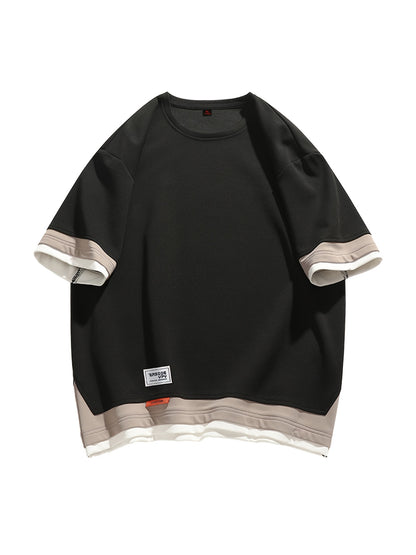 Men's Summer Short Sleeve T-Shirt - Color-Block Half-Zip Design, 100% Polyester Lightweight 100gsm