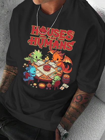 Men'S Casual Short Sleeve T-Shirt with Whimsical Dragon & Cabin Print - \