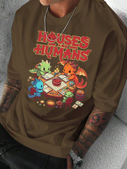 Men'S Casual Short Sleeve T-Shirt with Whimsical Dragon & Cabin Print - \