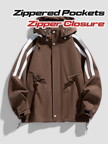 Men's Heavy-Duty Windproof Jacket - Full-Zip Hooded Windbreaker with White Stripe Collar & Cuffs