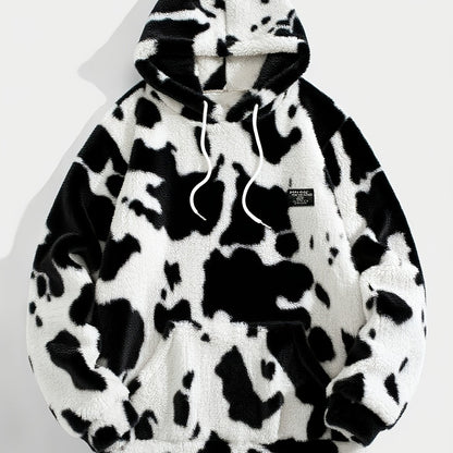 1pc Men'S Plush Hooded Sweatshirt - Soft Warm Winter Pullover with Brown & Cow Print