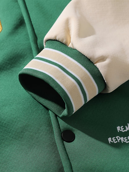 Men'S Casual Hooded Baseball Jacket with Embroidered Lettering, Color Block Design, Snap Closure